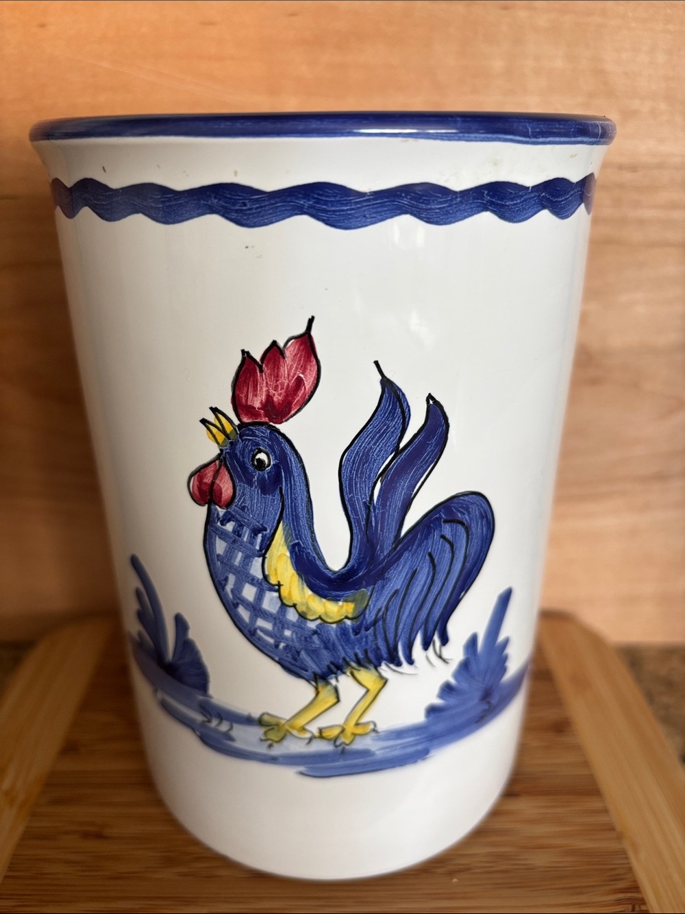 Lillian Vernon Ceramic Rooster Utensil Holder - Blue & White         Like New